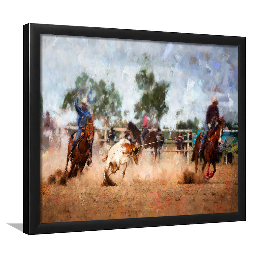 Two Cowboys On Horseback Roping A Calf At A Country Rodeo Framed Wall Art - Framed Prints, Art Prints, Print for Sale, Painting Prints