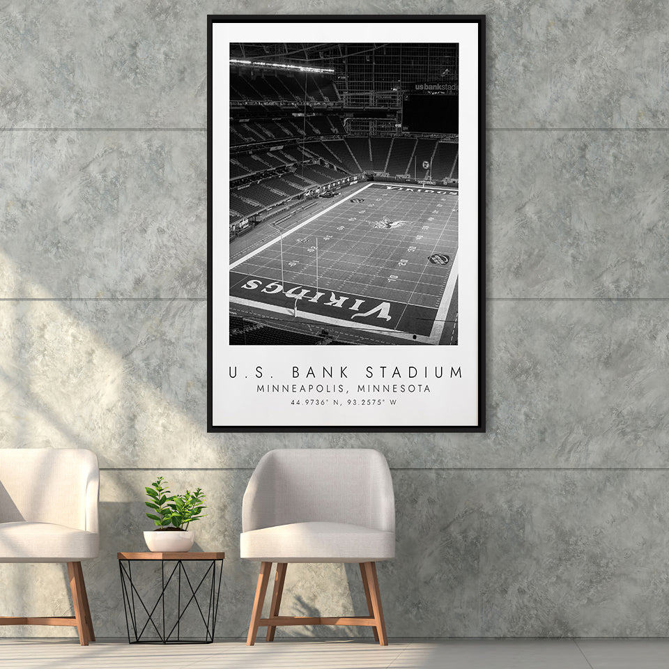 U.S. Bank Stadium Minnesota Vikings Football Lovers Black And White Art Framed Canvas Prints Wall Art Home Decor, Floating Frame