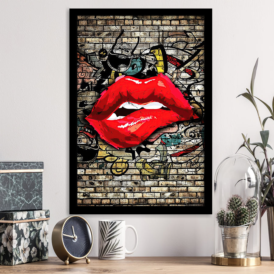 Urban Red Lips Framed Art Print Wall Decor - Painting Art, Wall Art, Framed Picture, Black Frame