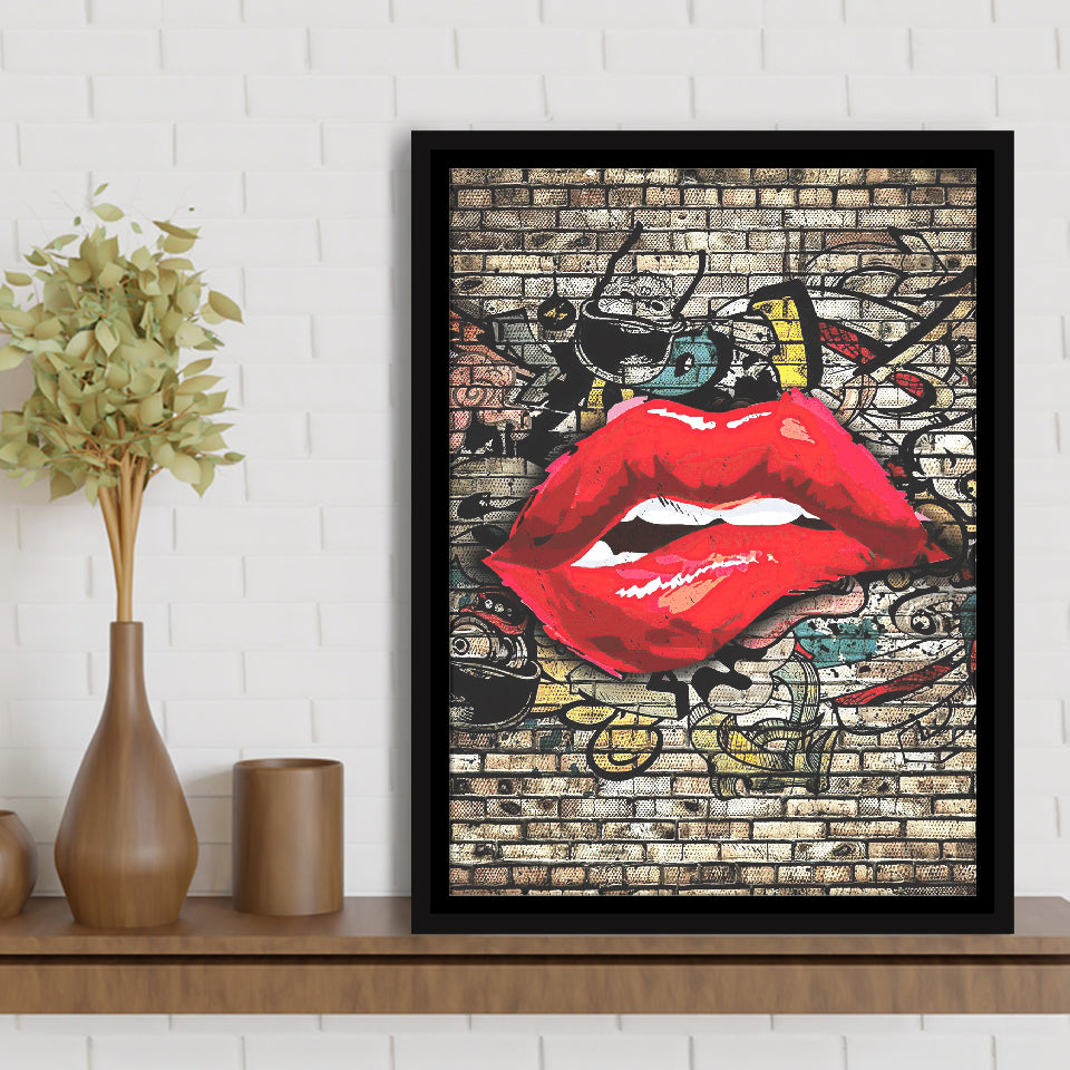 Urban Red Lips Framed Canvas Prints Wall Art Decor - Painting Canvas, Floating Frame, Framed Picture