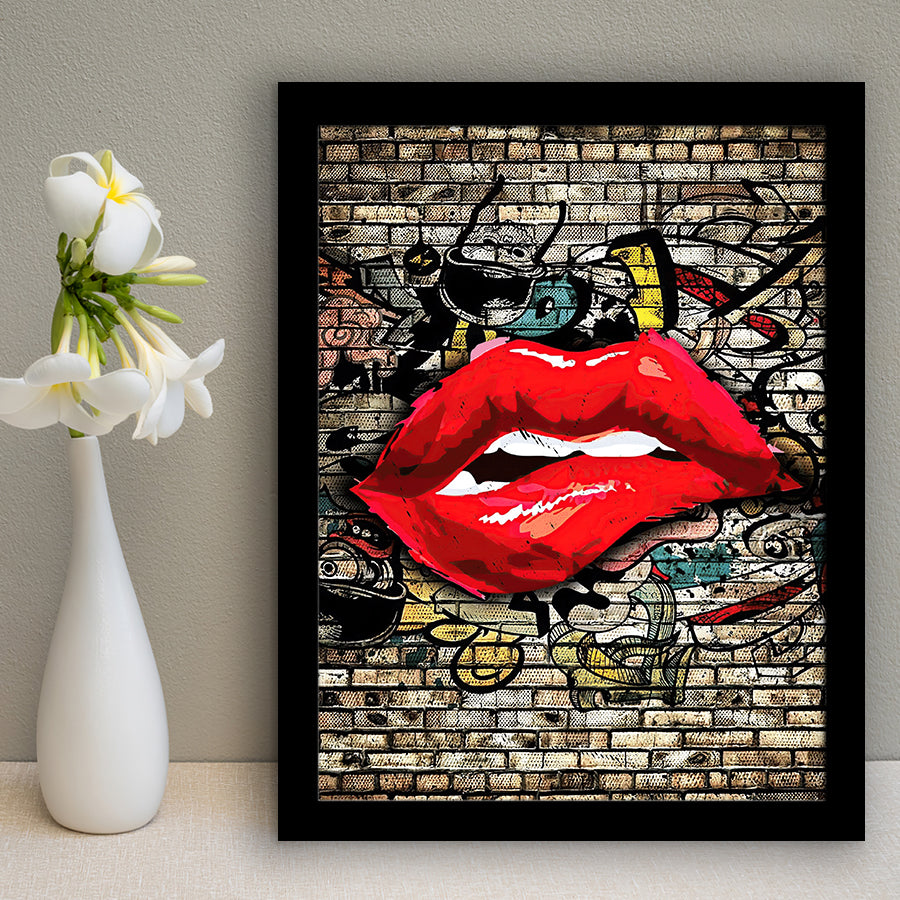 Urban Red Lips Framed Art Print Wall Decor - Painting Art, Wall Art, Framed Picture, Black Frame