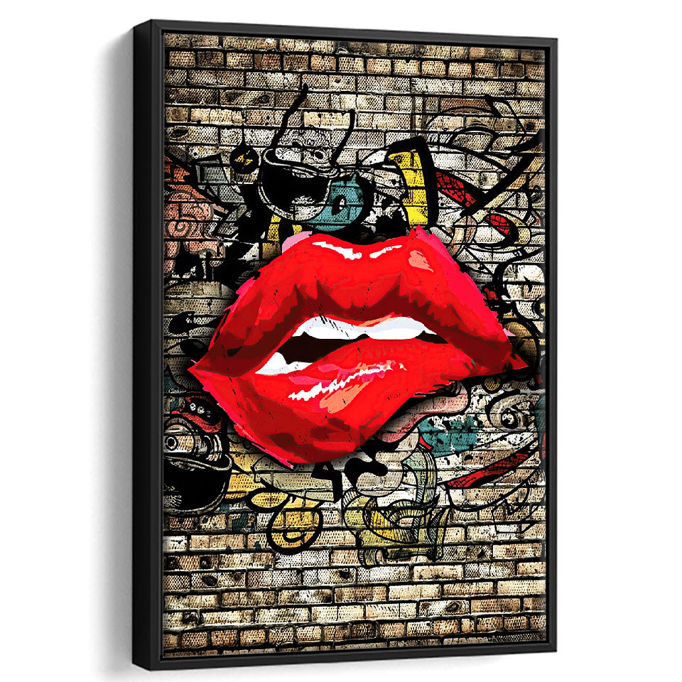 Urban Red Lips Framed Canvas Prints Wall Art Decor - Painting Canvas, Floating Frame, Framed Picture