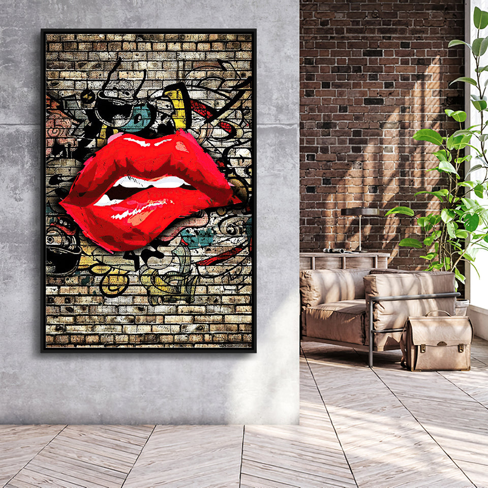 Urban Red Lips Framed Canvas Prints Wall Art Decor - Painting Canvas, Floating Frame, Framed Picture