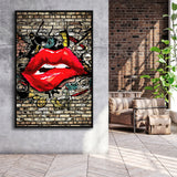 Urban Red Lips Framed Canvas Prints Wall Art Decor - Painting Canvas, Floating Frame, Framed Picture