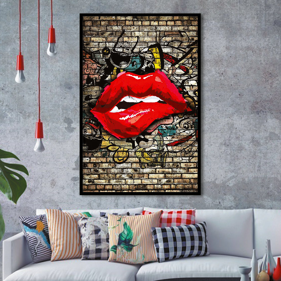 Urban Red Lips Framed Art Print Wall Decor - Painting Art, Wall Art, Framed Picture, Black Frame