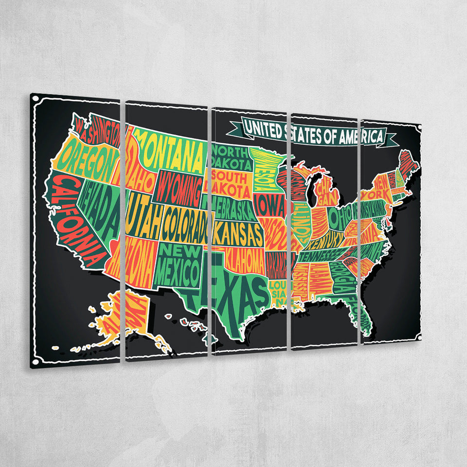 Usa Map 5 Piece B Canvas Prints Wall Art, Multi Panels,Large Canvas