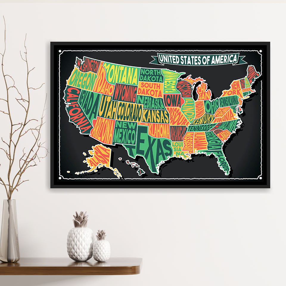 Usa Map Framed Canvas Prints Wall Art Decor, Framed Picture, Floating Frame