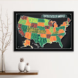 Usa Map Framed Canvas Prints Wall Art Decor, Framed Picture, Floating Frame
