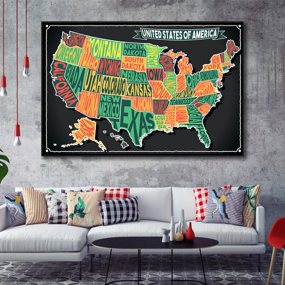 Usa Map Framed Canvas Prints Wall Art Decor, Framed Picture, Floating Frame