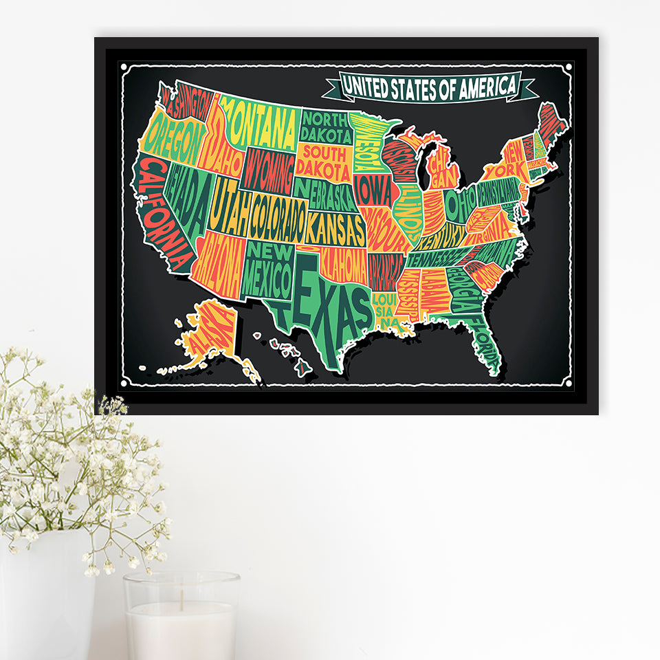 Usa Map Framed Canvas Prints Wall Art Decor, Framed Picture, Floating Frame