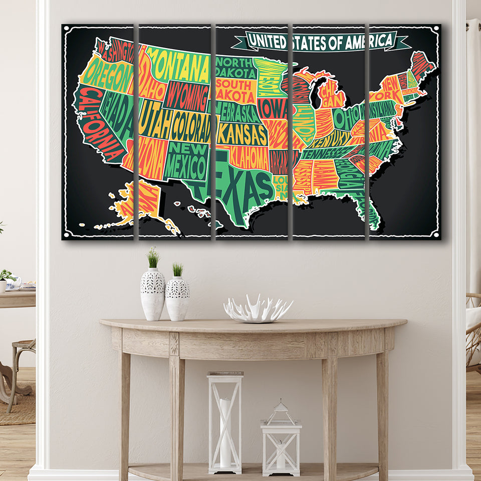 Usa Map 5 Piece B Canvas Prints Wall Art, Multi Panels,Large Canvas