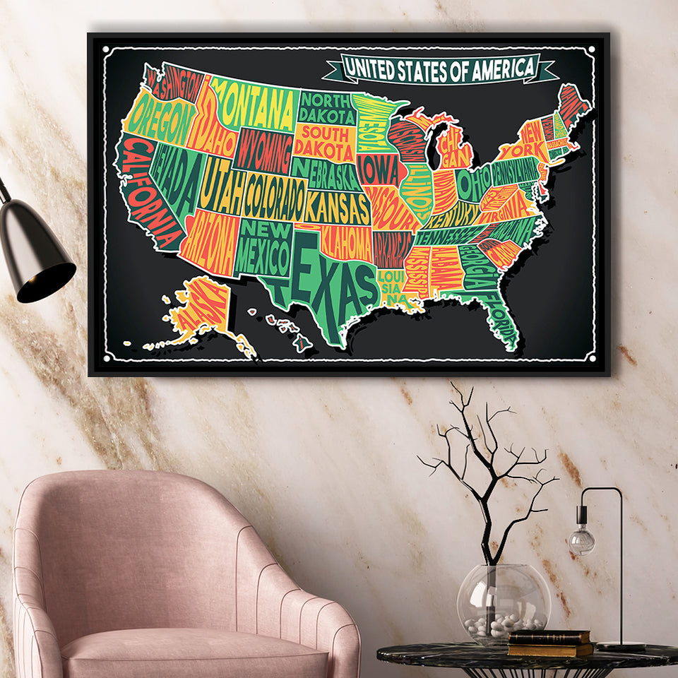 Usa Map Framed Canvas Prints Wall Art Decor, Framed Picture, Floating Frame