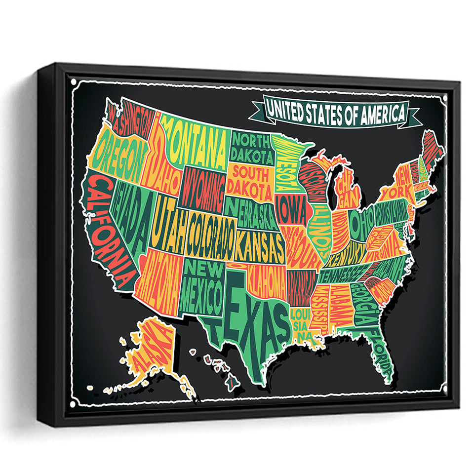 Usa Map Framed Canvas Prints Wall Art Decor, Framed Picture, Floating Frame