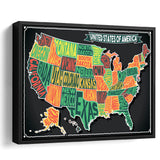 Usa Map Framed Canvas Prints Wall Art Decor, Framed Picture, Floating Frame