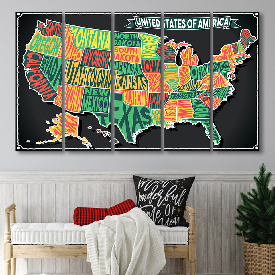 Usa Map 5 Piece B Canvas Prints Wall Art, Multi Panels,Large Canvas
