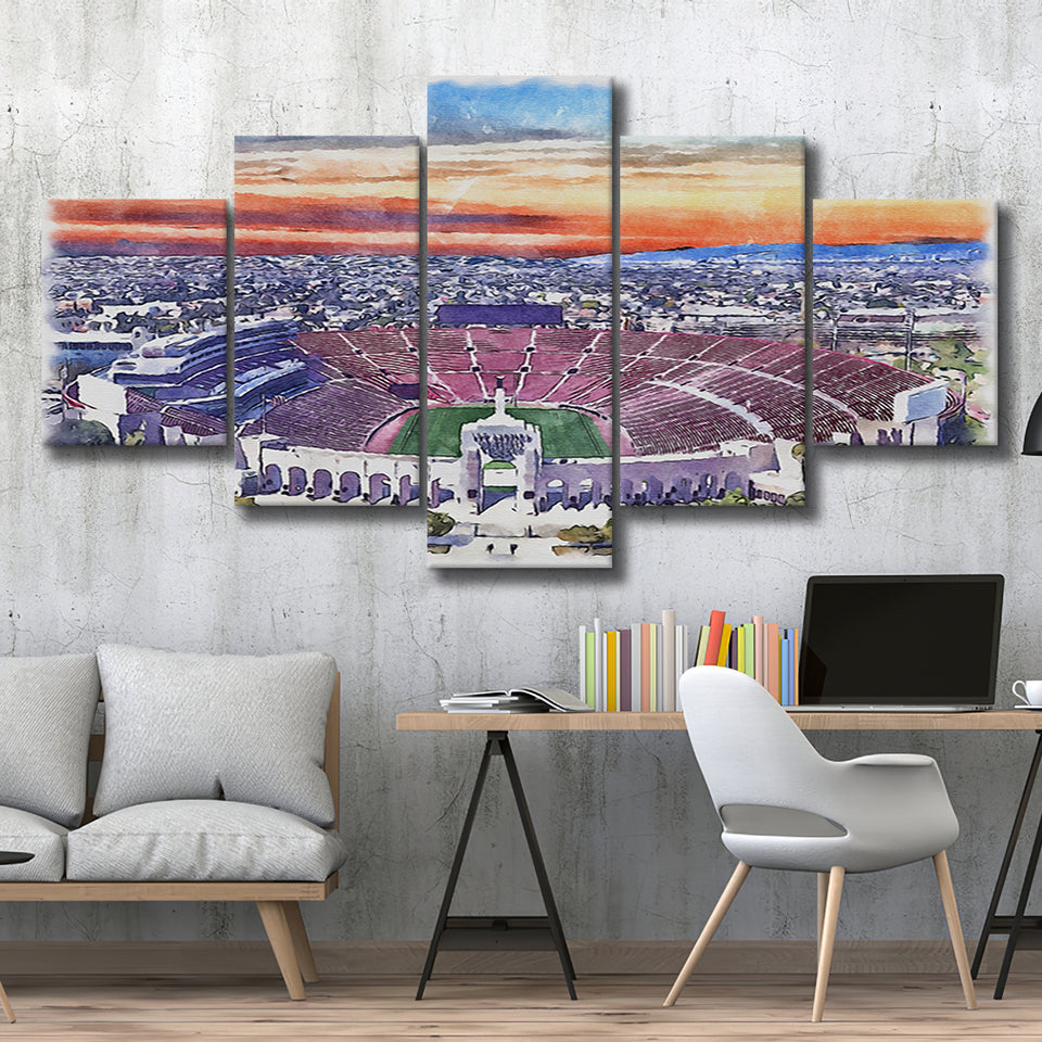USC Trojans Los Angeles Memorial Coliseum Watercolor, 5 Pieces, Multi Panel Canvas Prints Wall Art Decor