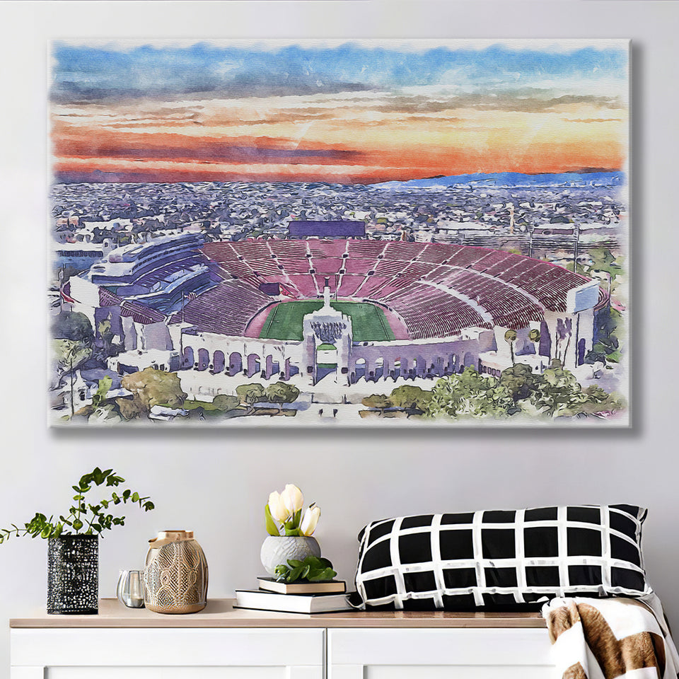 USC Trojans Los Angeles Memorial Coliseum Watercolor, Sport Art Prints Fan Gift, Canvas Prints Wall Art Decor