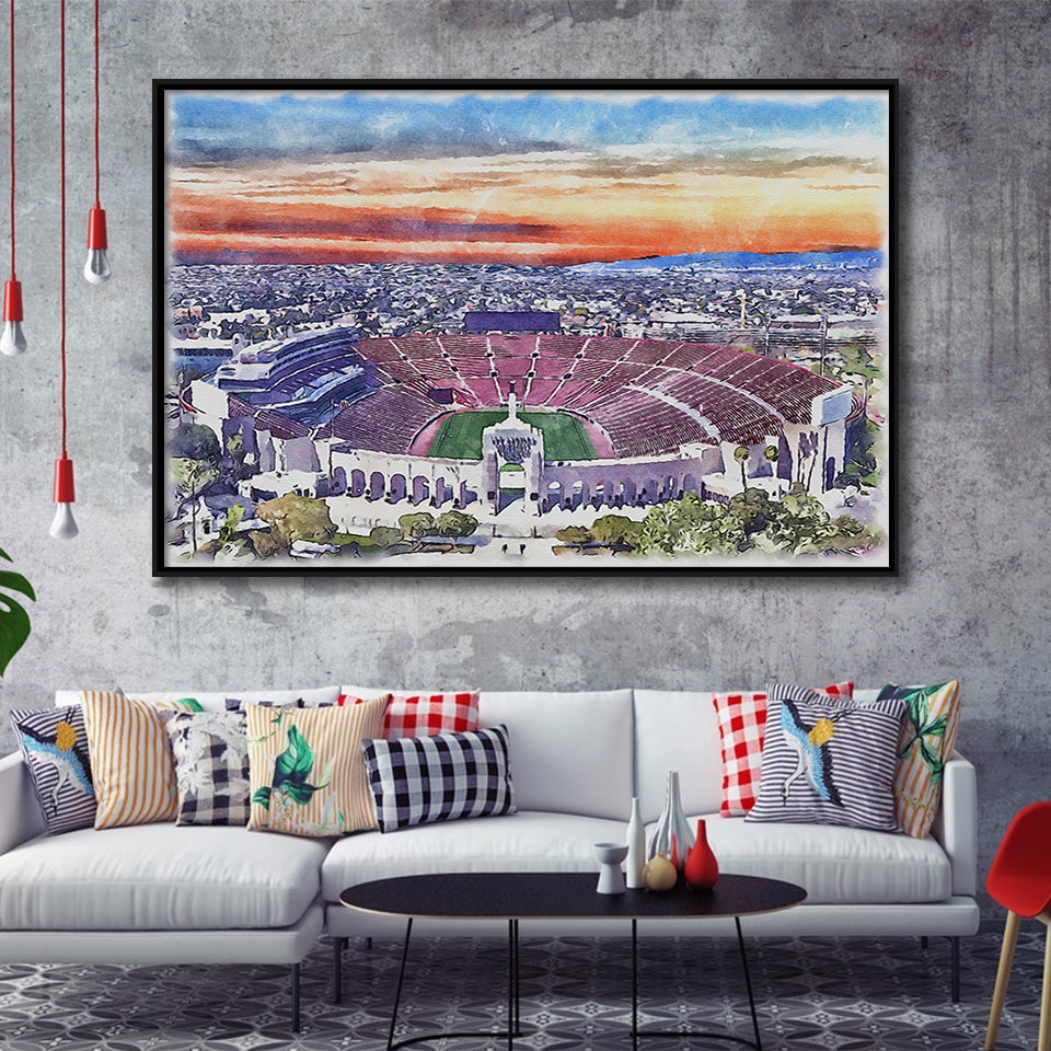 USC Trojans Los Angeles Memorial Coliseum Watercolor, Sport Art Prints Fan Gift, Framed Canvas Prints Wall Art Decor