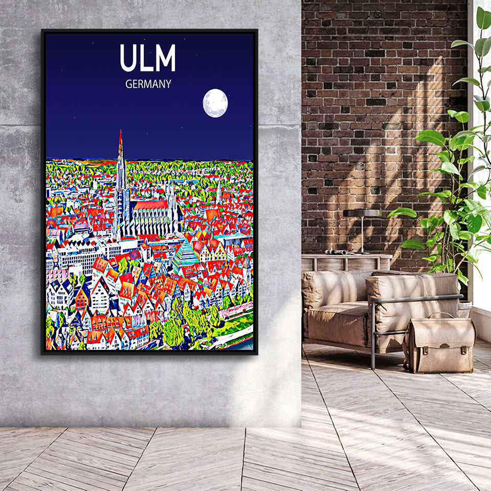 Ulm Germany Art Night Art Print, Large Canvas, Framed Canvas Print Wall Art Home Decor, Floating Frame