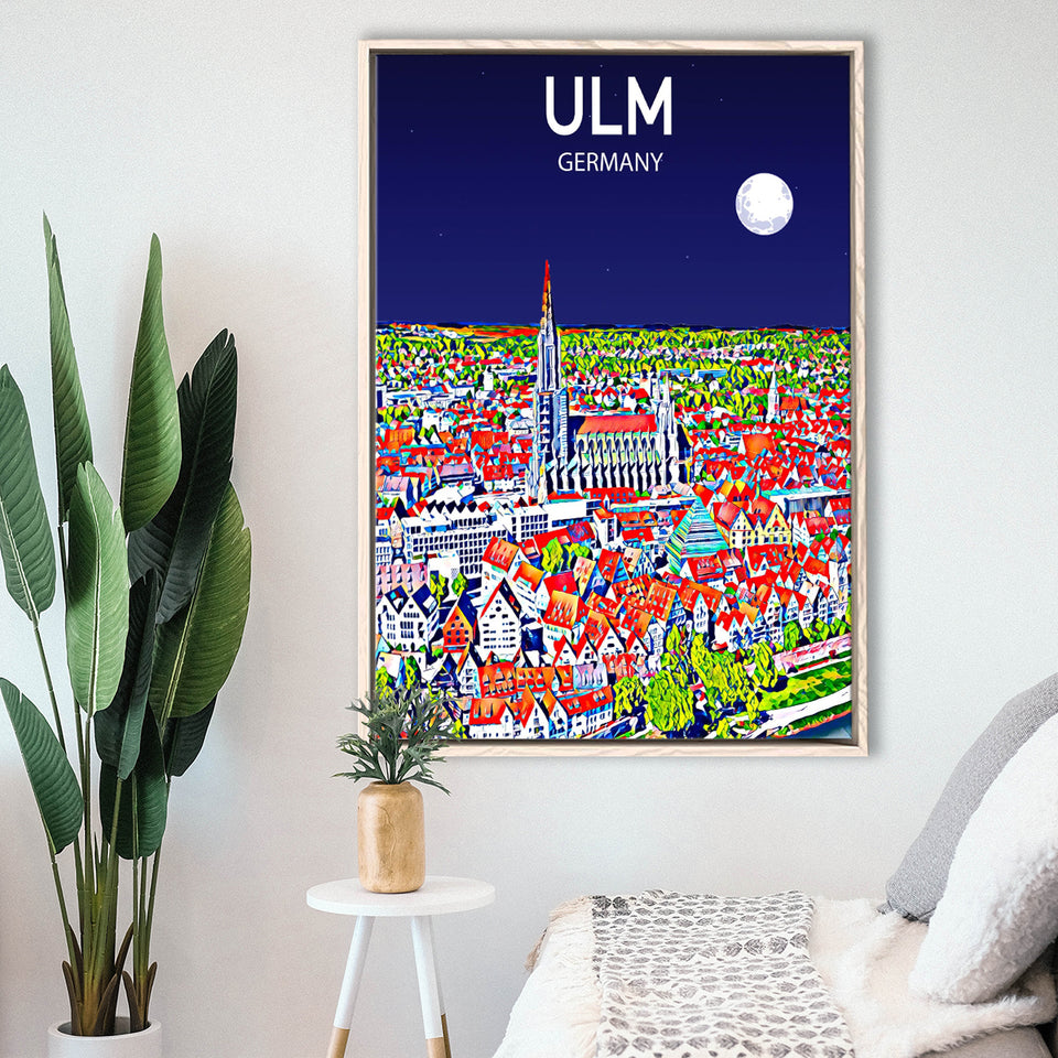 Ulm Germany Art Night Art Print, Large Canvas, Framed Canvas Print Wall Art Home Decor, Floating Frame
