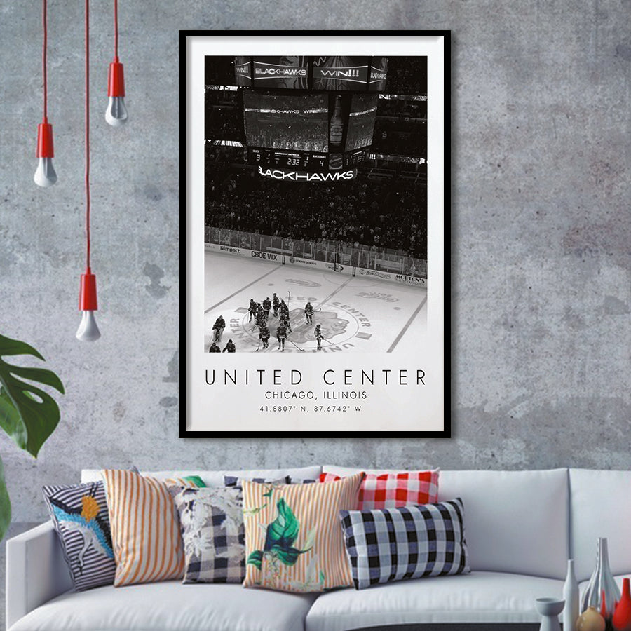 United Center Chicago Blackhawks Ice Hockey Lovers Black And White Art Framed Art Prints Wall Art Decor, Framed Picture