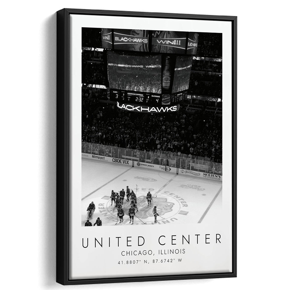 United Center Chicago Blackhawks Ice Hockey Lovers Black And White Art Framed Canvas Prints Wall Art Home Decor, Floating Frame