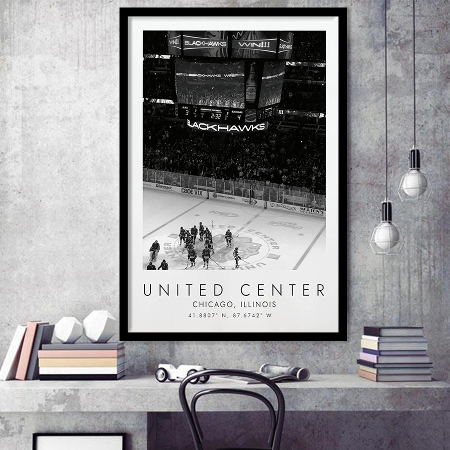 United Center Chicago Blackhawks Ice Hockey Lovers Black And White Art Framed Art Prints Wall Art Decor, Framed Picture