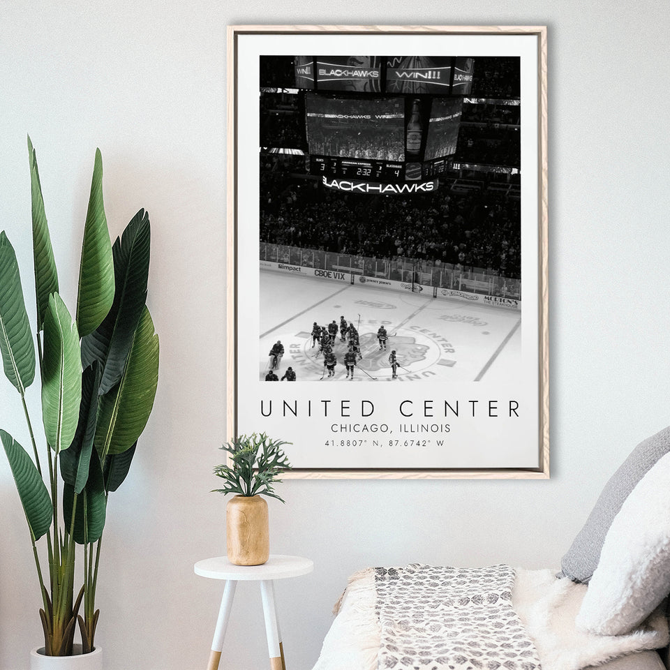 United Center Chicago Blackhawks Ice Hockey Lovers Black And White Art Framed Canvas Prints Wall Art Home Decor, Floating Frame
