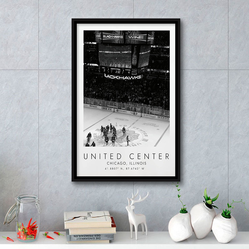 United Center Chicago Blackhawks Ice Hockey Lovers Black And White Art Framed Canvas Prints Wall Art Home Decor, Floating Frame