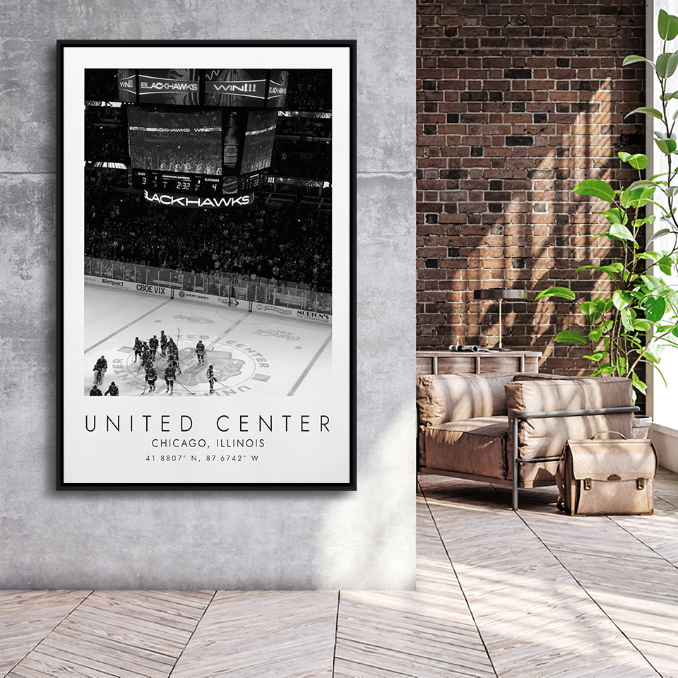 United Center Chicago Blackhawks Ice Hockey Lovers Black And White Art Framed Canvas Prints Wall Art Home Decor, Floating Frame
