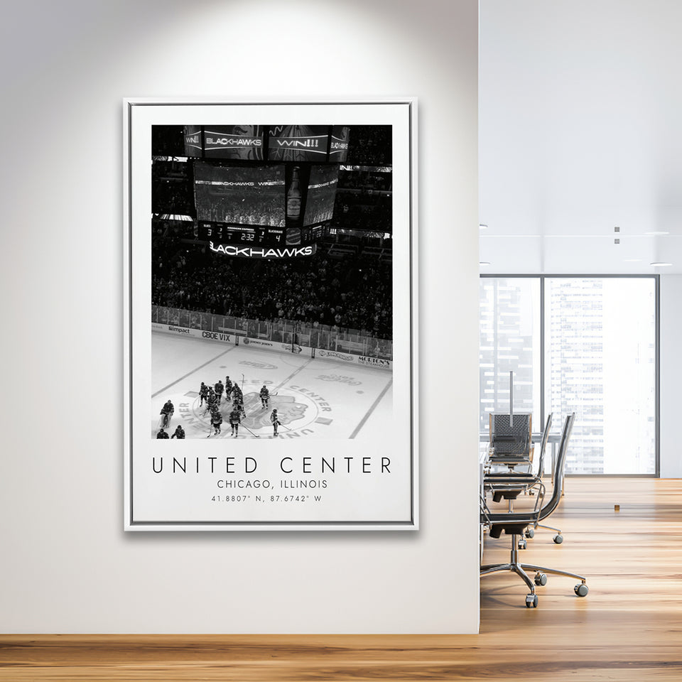 United Center Chicago Blackhawks Ice Hockey Lovers Black And White Art Framed Canvas Prints Wall Art Home Decor, Floating Frame