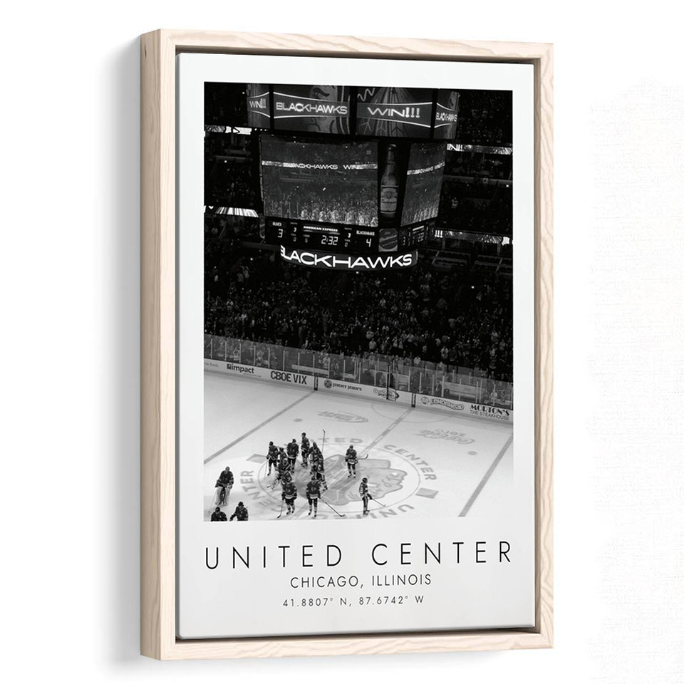 United Center Chicago Blackhawks Ice Hockey Lovers Black And White Art Framed Canvas Prints Wall Art Home Decor, Floating Frame