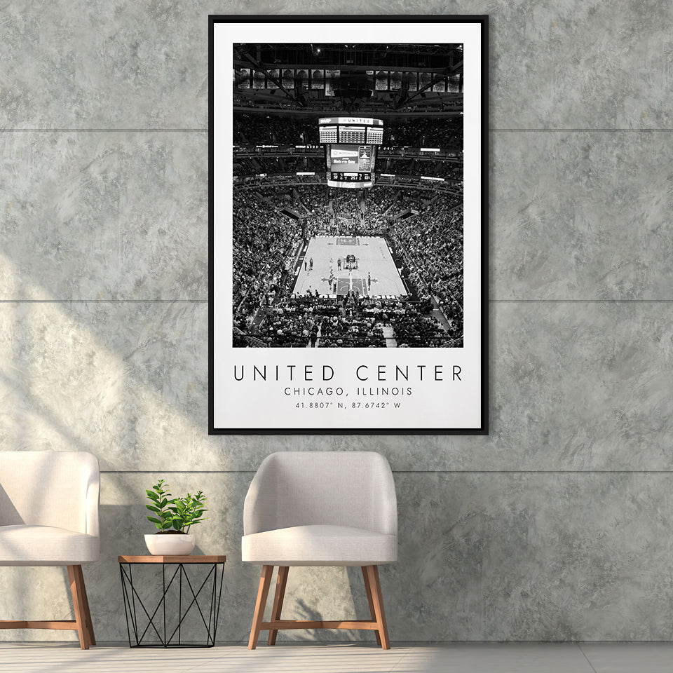 United Center Chicago Bulls Basketball Lovers Black And White Art Framed Canvas Prints Wall Art Home Decor, Floating Frame