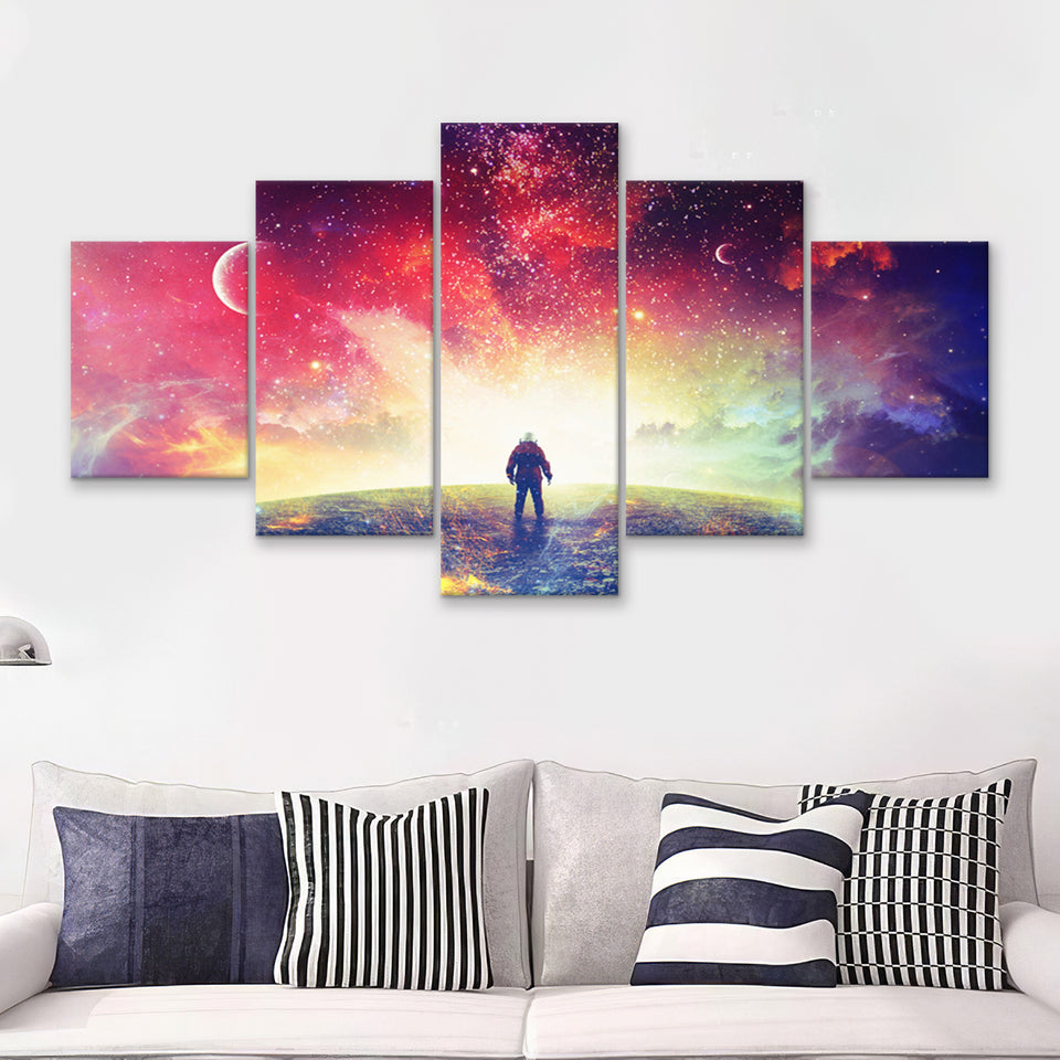 Universe W An Astronaut Exploring  5 Pieces Canvas Prints Wall Art - Painting Canvas, Multi Panels, 5 Panel, Wall Decor