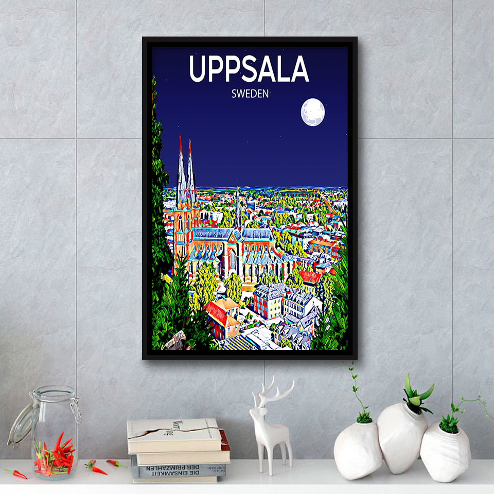 Uppsala Sweden Art Night Art Print, Large Canvas, Framed Canvas Print Wall Art Home Decor, Floating Frame