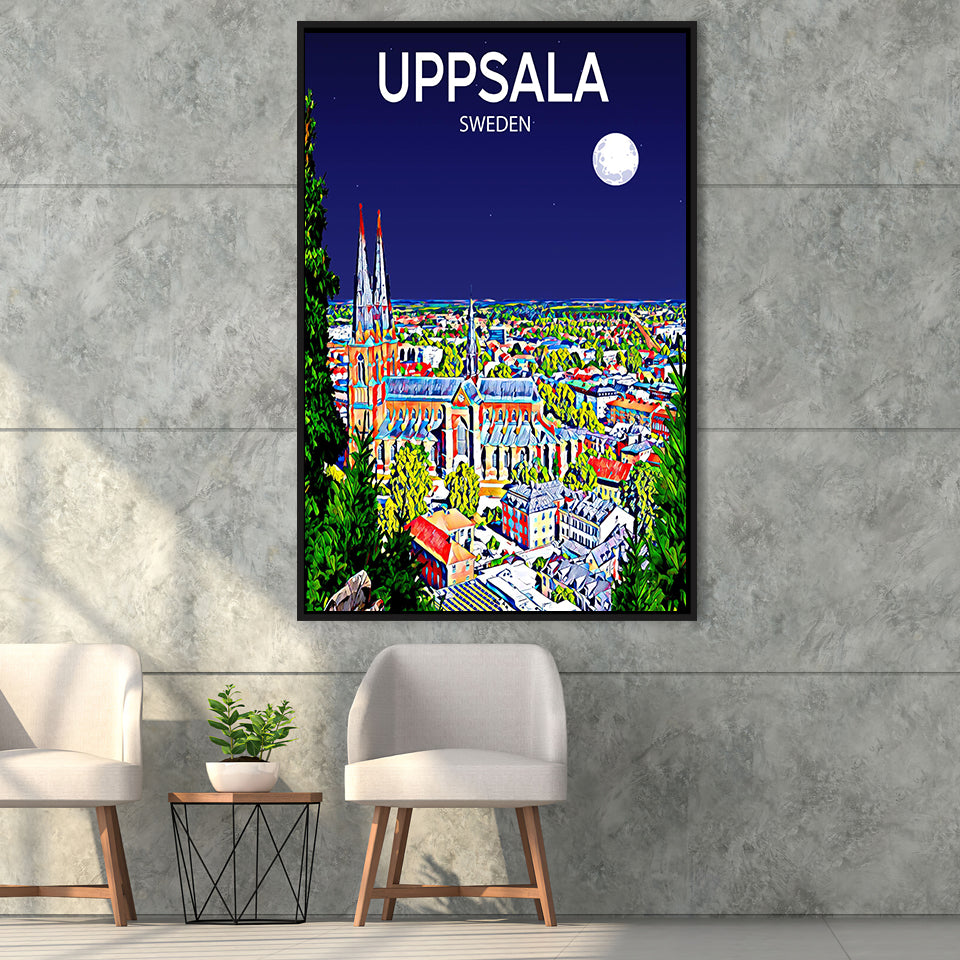 Uppsala Sweden Art Night Art Print, Large Canvas, Framed Canvas Print Wall Art Home Decor, Floating Frame
