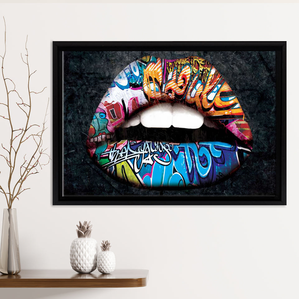 Urban Lip Graffiti Art Framed Canvas Prints Wall Art - Painting Canvas, Home Wall Decor, Prints for Sale, Floating Frame