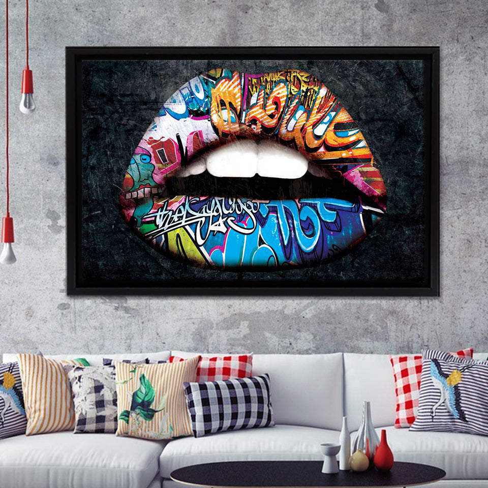 Urban Lip Graffiti Art Framed Canvas Prints Wall Art - Painting Canvas, Home Wall Decor, Prints for Sale, Floating Frame