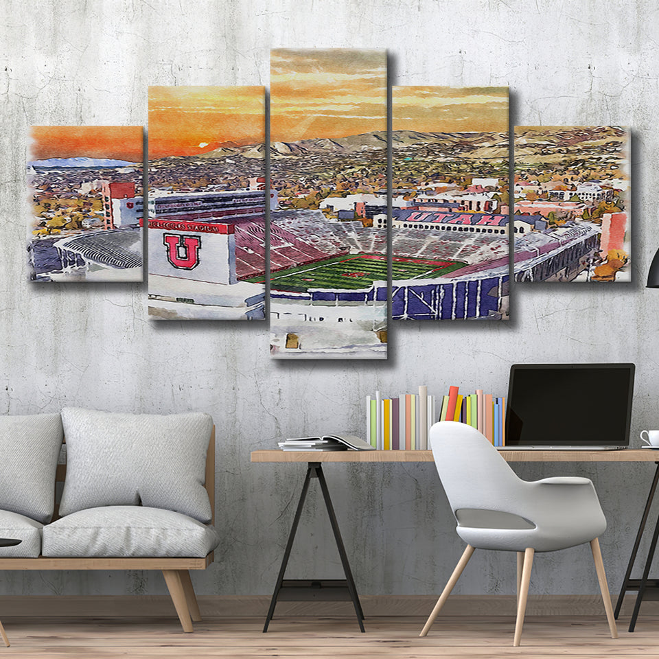Utah Utes Rice Eccles Stadium Watercolor, 5 Pieces, Multi Panel Canvas Prints Wall Art Decor
