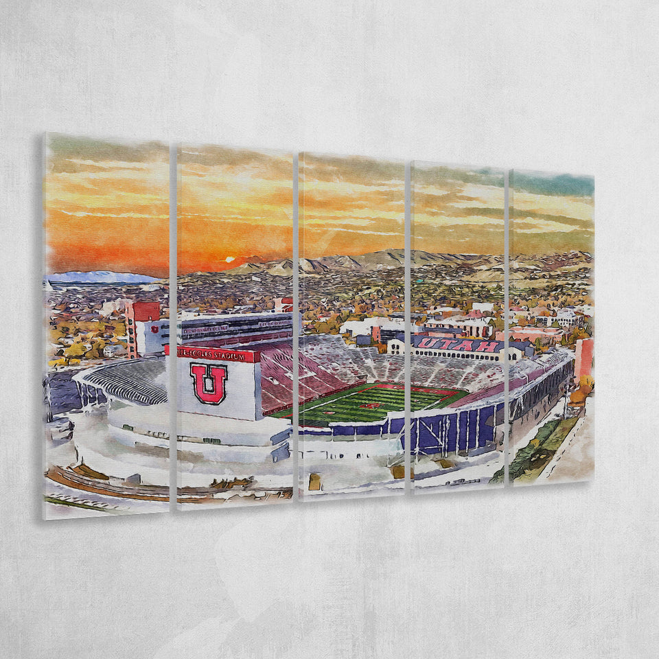 Utah Utes Rice Eccles Stadium Watercolor, 5 Pieces B, Multi Panel Canvas Prints Wall Art Decor