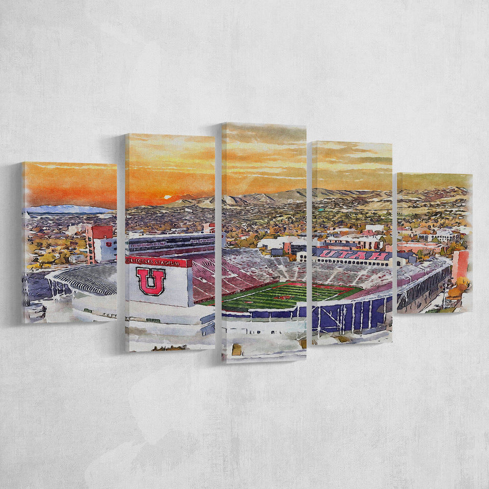 Utah Utes Rice Eccles Stadium Watercolor, 5 Pieces, Multi Panel Canvas Prints Wall Art Decor