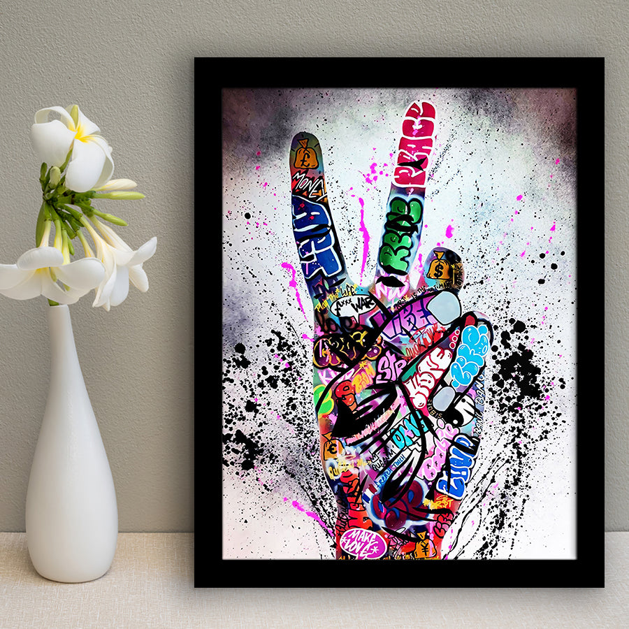 V Gesture Graffitione Gesture Victory Street Art Framed Art Print Wall Decor - Painting Art, Wall Art, Framed Picture, Black Frame