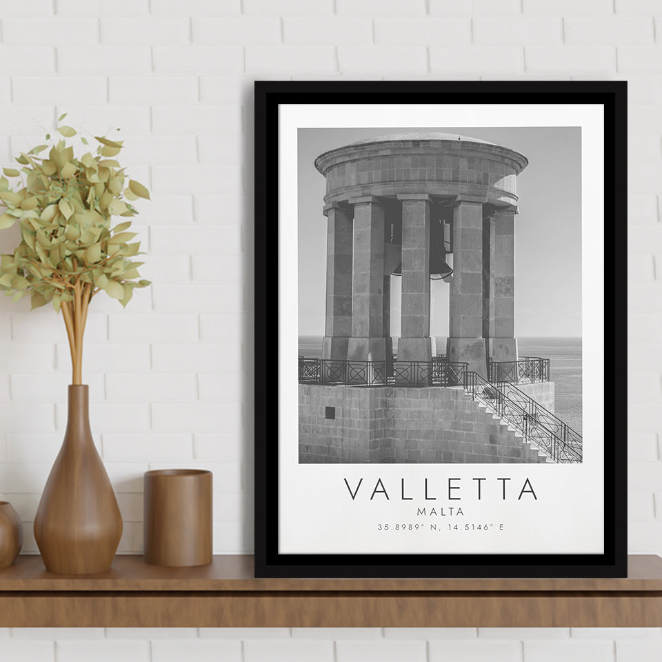 Valletta, Malta Black And White Art Framed Canvas Prints Wall Art Home Decor, Floating Frame
