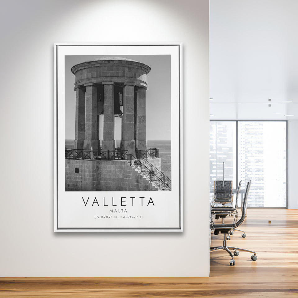 Valletta, Malta Black And White Art Framed Canvas Prints Wall Art Home Decor, Floating Frame