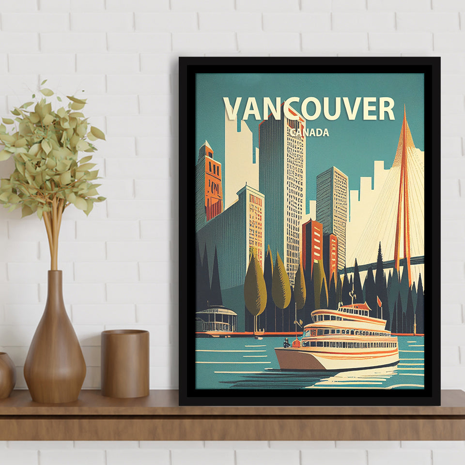 Vancouver Retro Art Print, Large Canvas, Framed Canvas Print Wall Art Home Decor, Floating Frame
