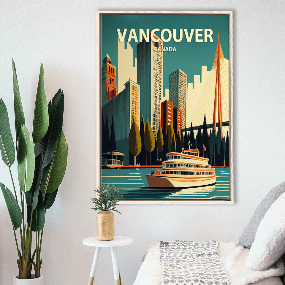 Vancouver Retro Art Print, Large Canvas, Framed Canvas Print Wall Art Home Decor, Floating Frame