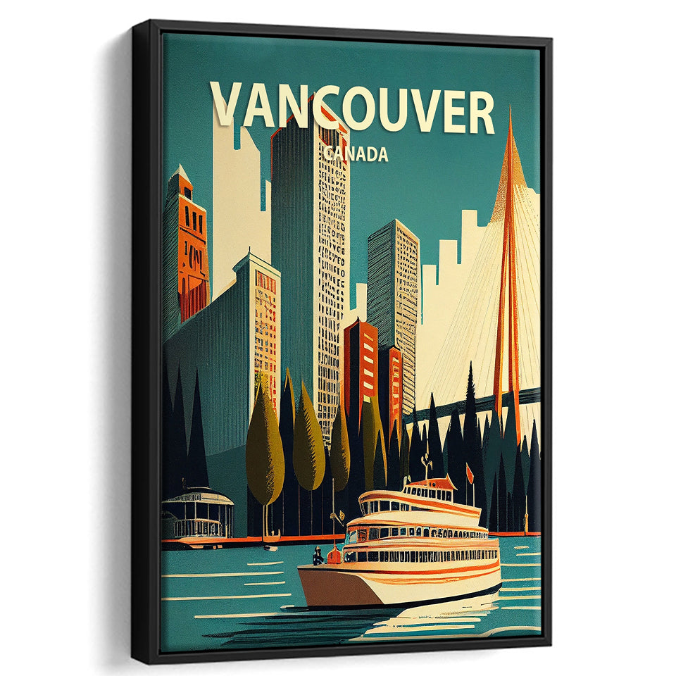 Vancouver Retro Art Print, Large Canvas, Framed Canvas Print Wall Art Home Decor, Floating Frame