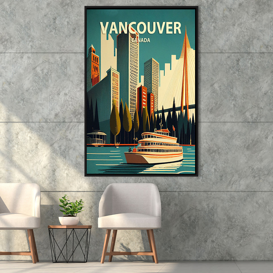 Vancouver Retro Art Print, Large Canvas, Framed Canvas Print Wall Art Home Decor, Floating Frame