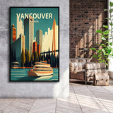 Vancouver Retro Art Print, Large Canvas, Framed Canvas Print Wall Art Home Decor, Floating Frame