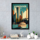 Vancouver Retro Art Print, Large Canvas, Framed Canvas Print Wall Art Home Decor, Floating Frame